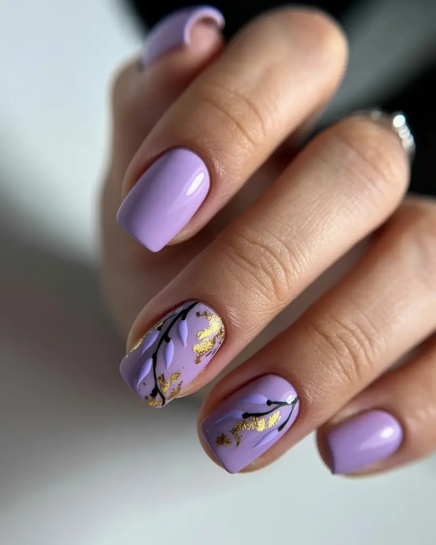pretty spring nails square ideas 2026 Lavender With Gold Botanical Accent Square