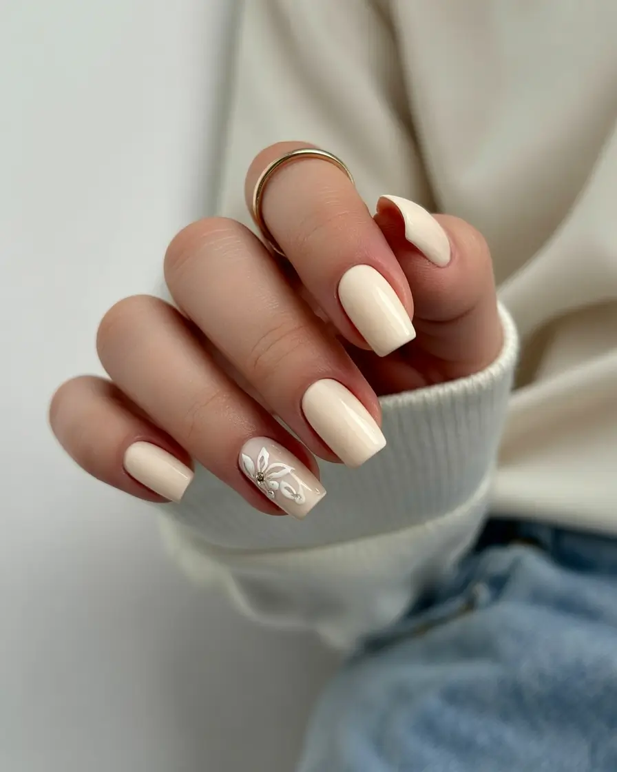 pretty spring nails square ideas 2026 Creamy Nude Square With Delicate Floral Accent