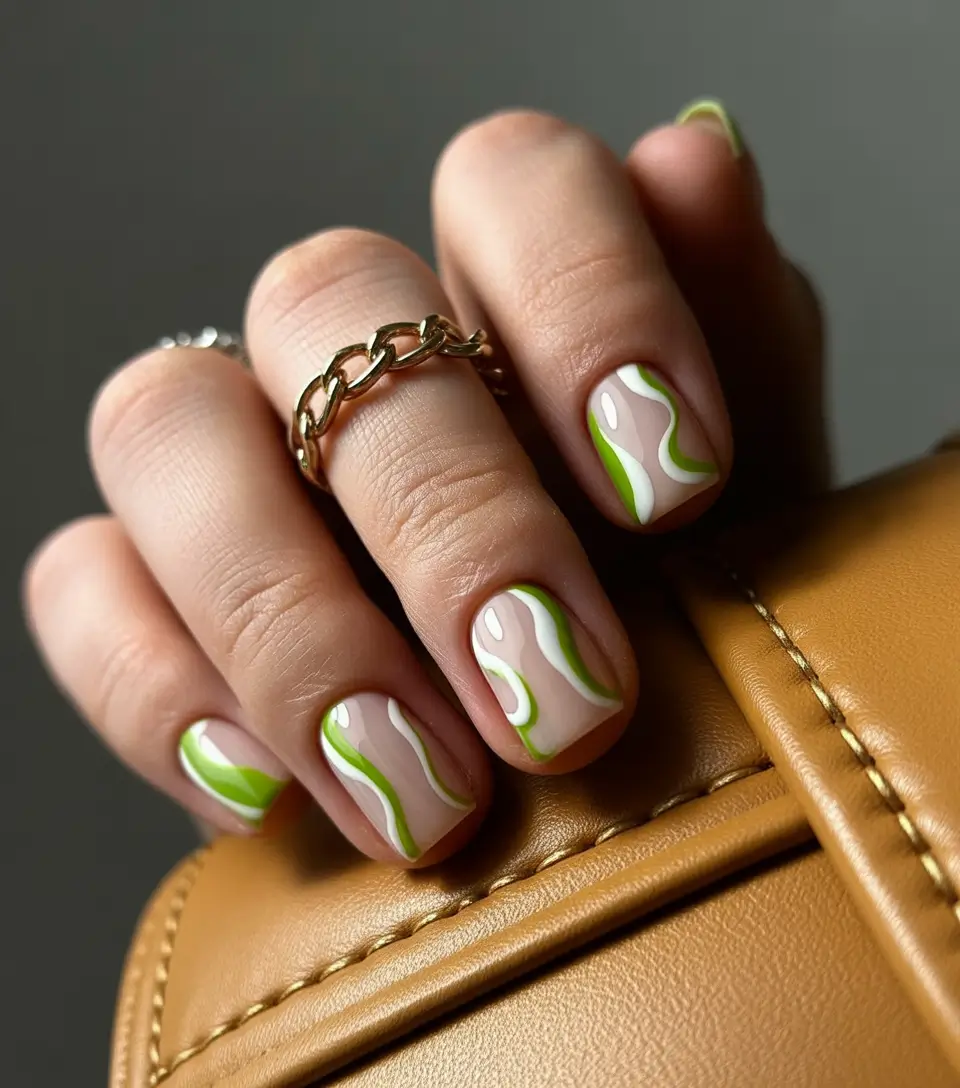 pretty spring nails square ideas 2026 Green Abstract Waves On Short Square