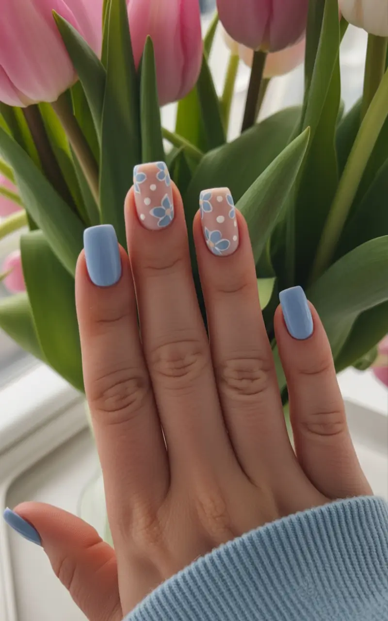 pretty spring nails square ideas 2026 Baby Blue Floral Square With Accent Art