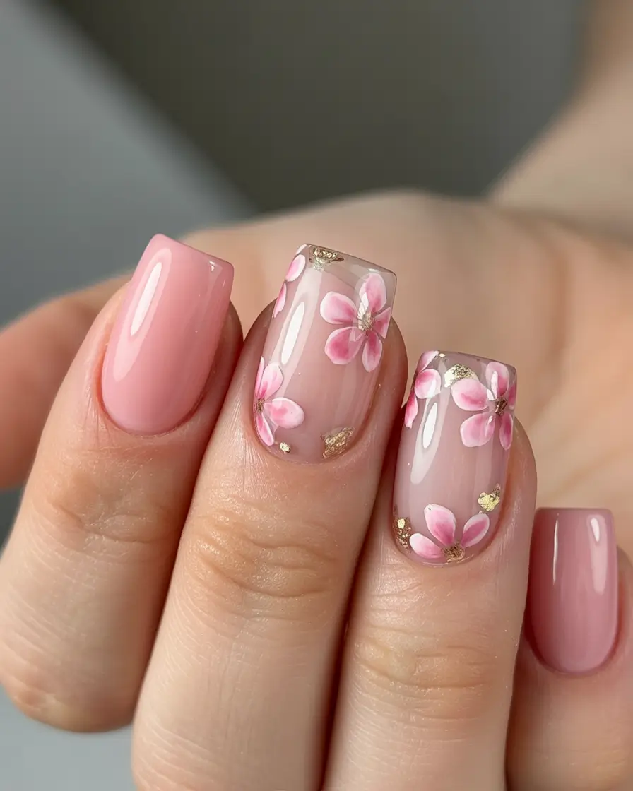 pretty spring nails square ideas 2026 Blush Pink Floral Square With Gold Foil Detail