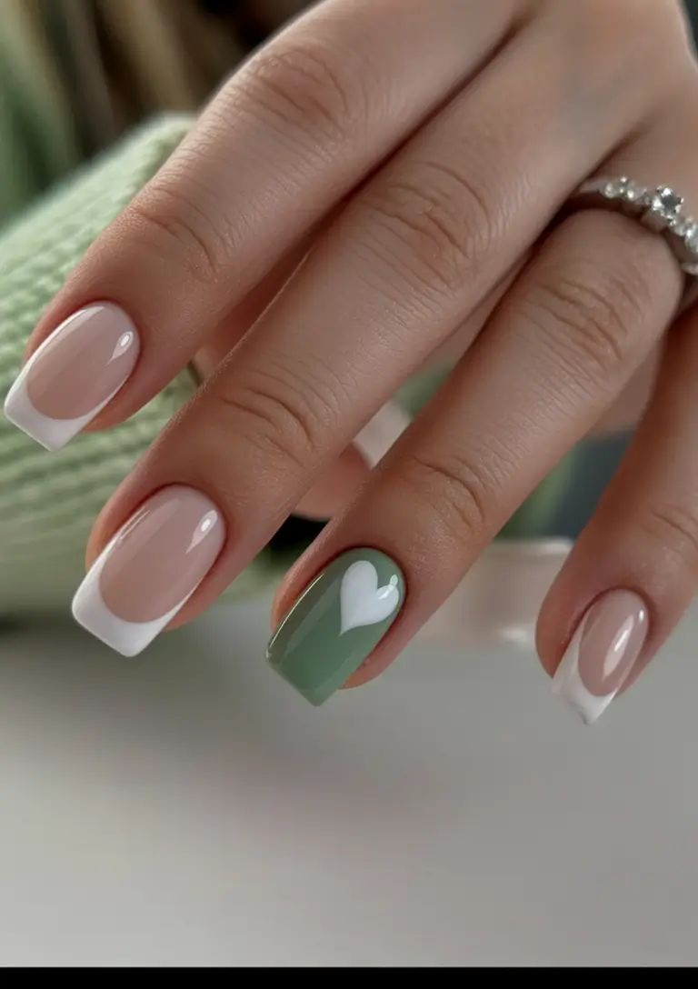 pretty spring nails square ideas 2026 Minimalist White French With Sage Heart Accent