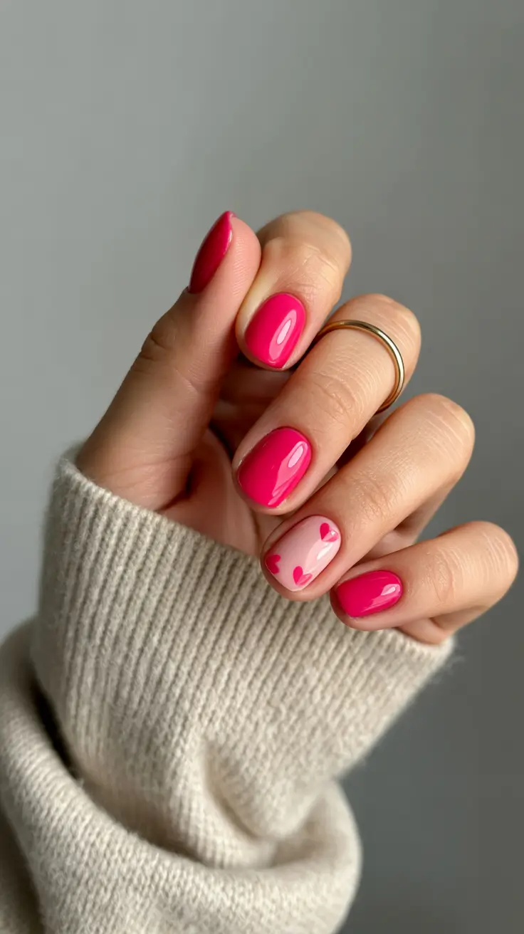 soft early spring nails 2026 Hot Pink with Tiny Heart Accent