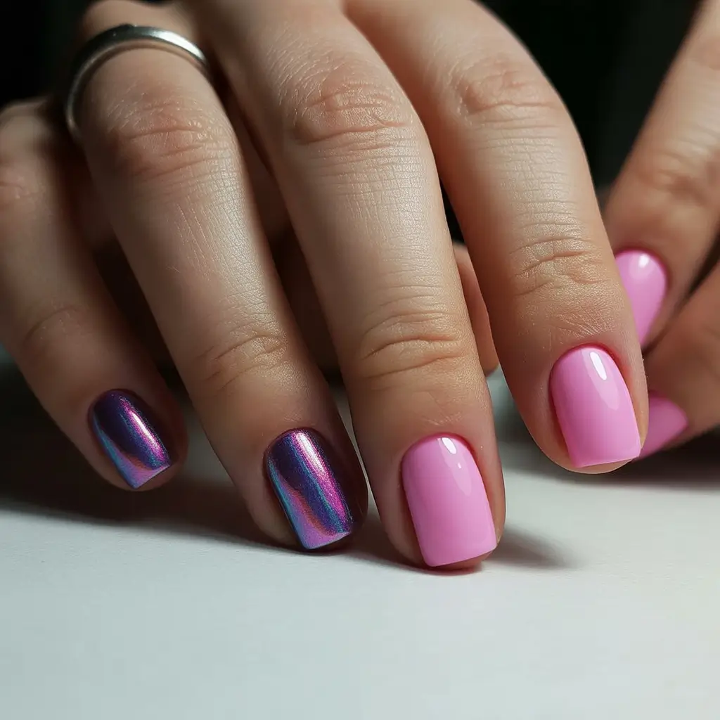 soft early spring nails 2026 Pink Square with Iridescent Chrome Accent