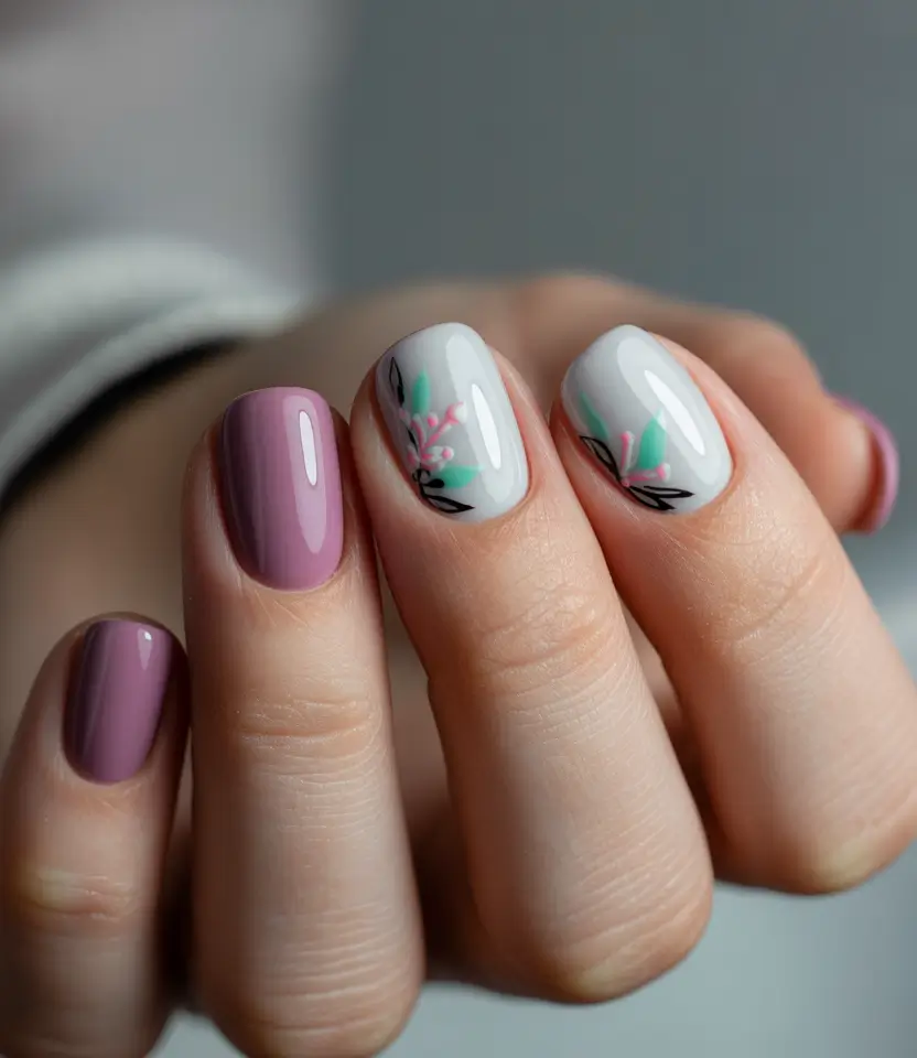 soft early spring nails 2026 Soft Mauve with Minimal Floral Detail