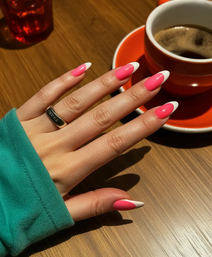 soft early spring nails 2026 Bold Pink French Almond