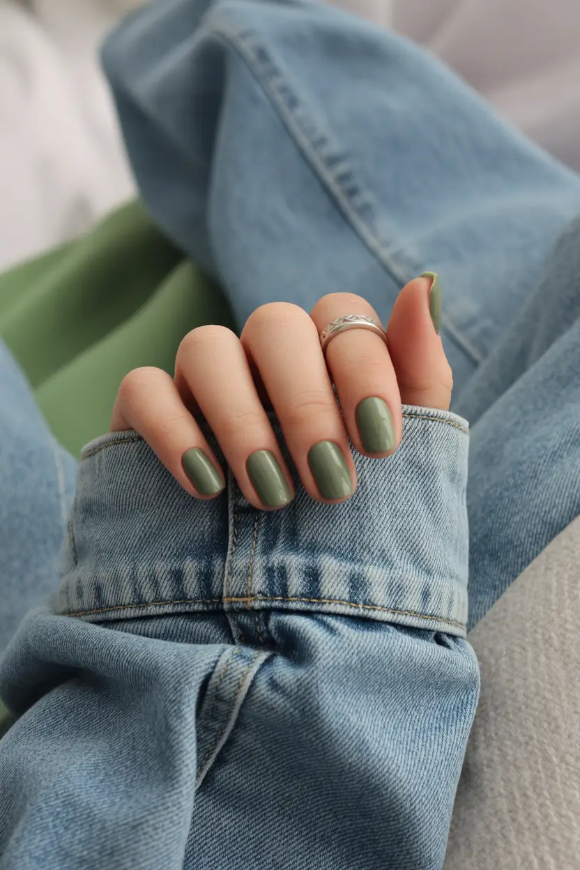 soft early spring nails 2026 Muted Olive Green Everyday Short