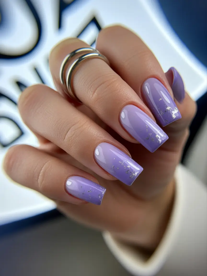 soft early spring nails 2026 Soft Lilac Square with Silver Foil Touch