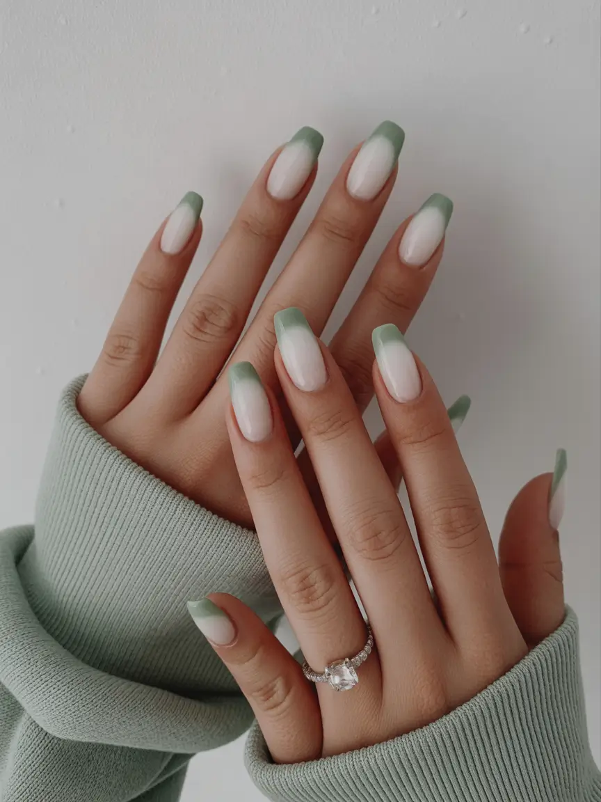 soft early spring nails 2026 Milky White with Sage French Fade