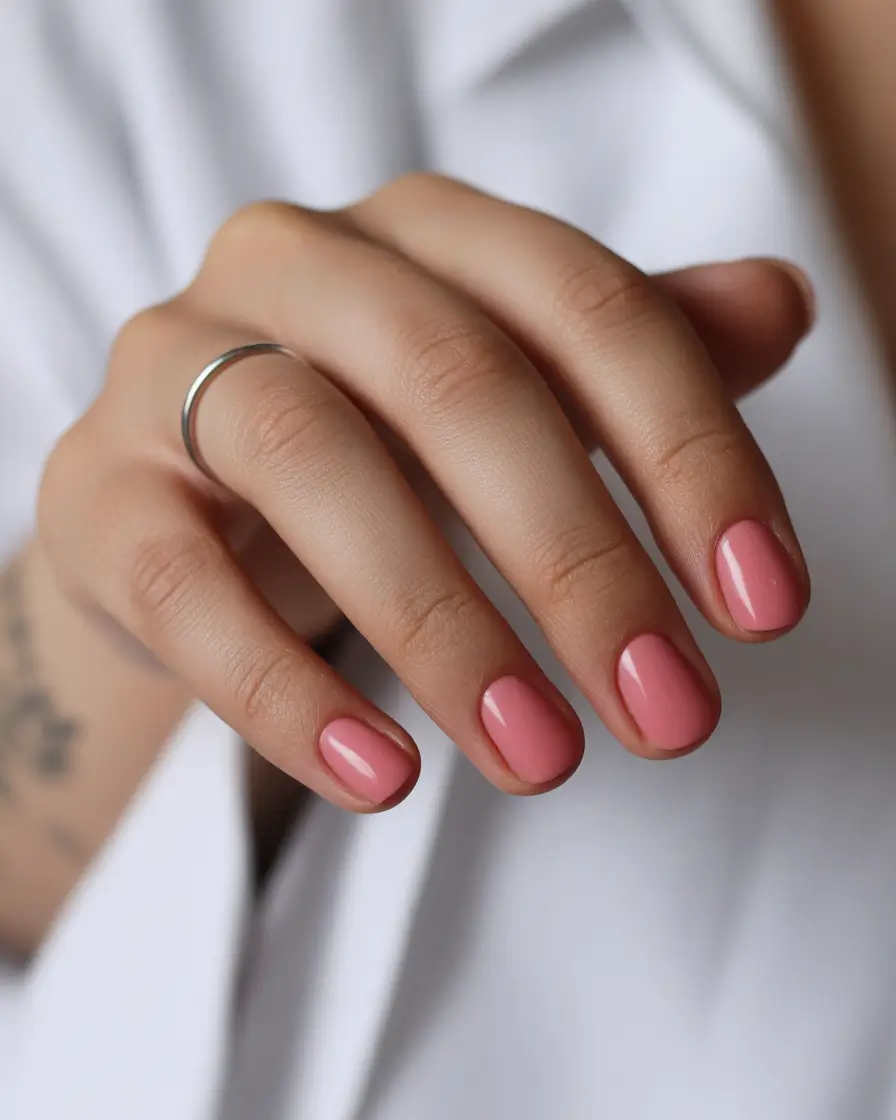 soft early spring nails 2026 Glossy Coral Pink Everyday Short