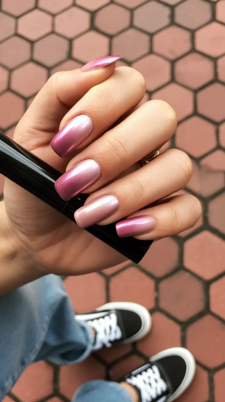 soft early spring nails 2026 Metallic Pink Glow for Bright Early Spring Energy