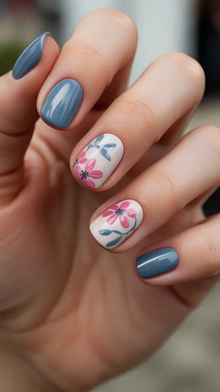 soft early spring nails 2026 Dusty Blue and Pink Floral Short Gel