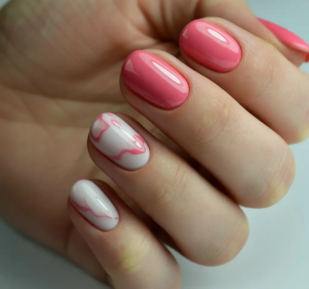 soft early spring nails 2026 Glossy Pink and Soft Marble Swirl