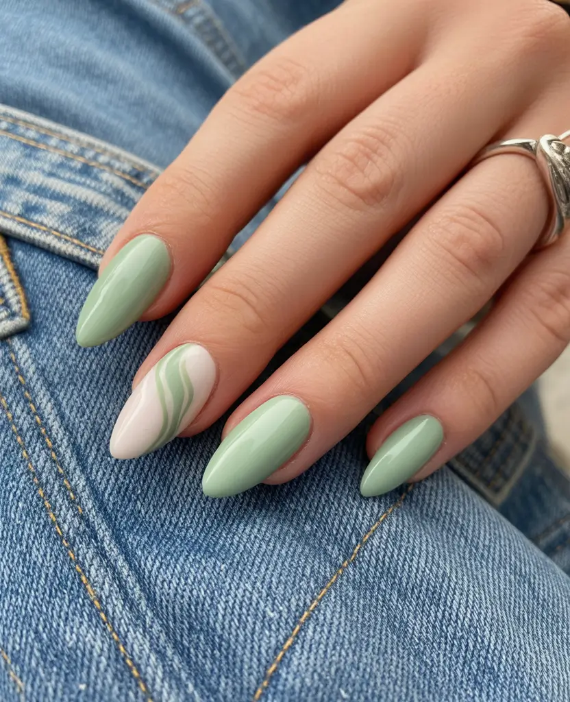 soft early spring nails 2026 Sage Green Almond with Soft Wave Accent