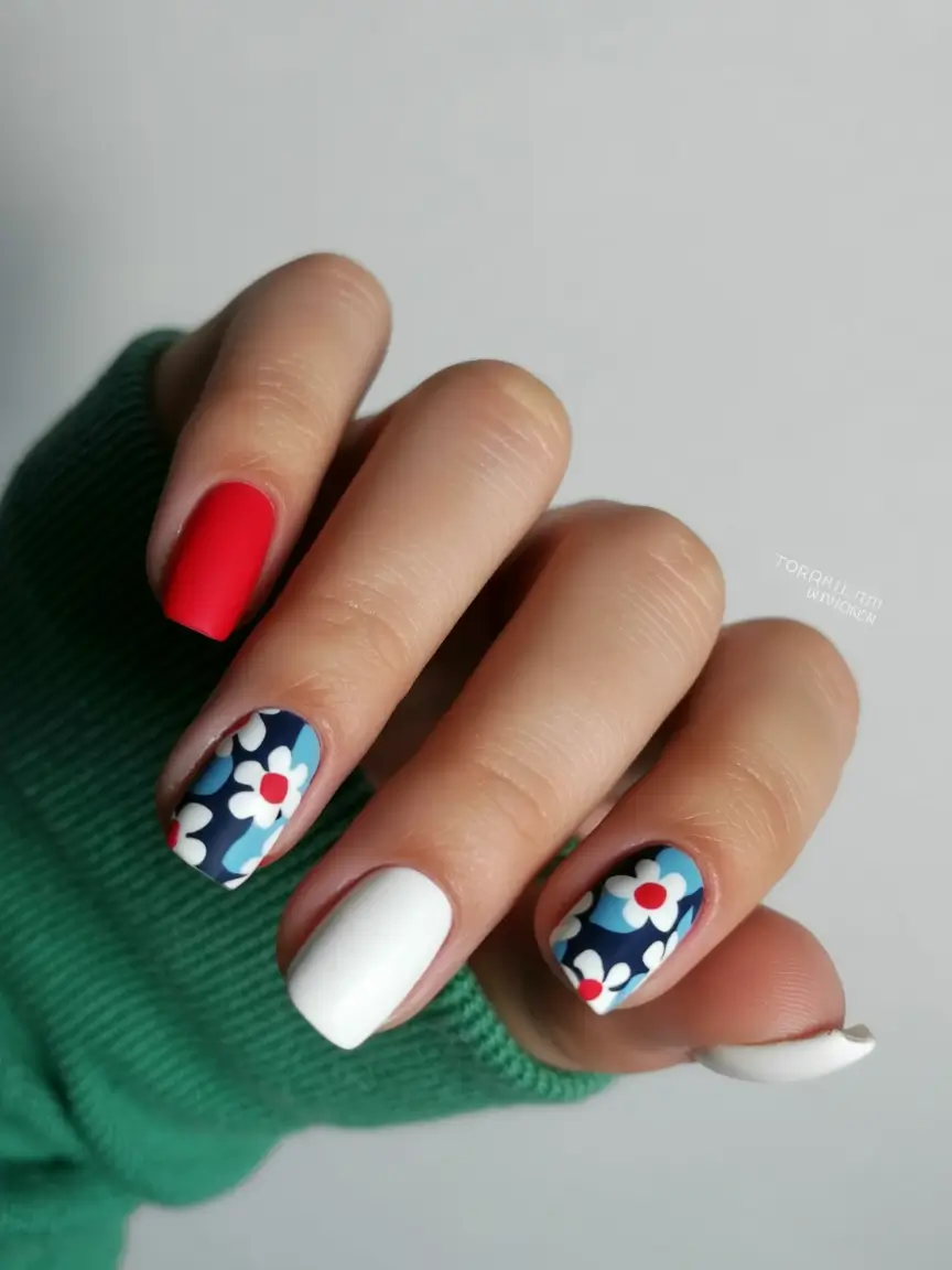sophisticated bright spring nails 2026 blue red floral square manicure