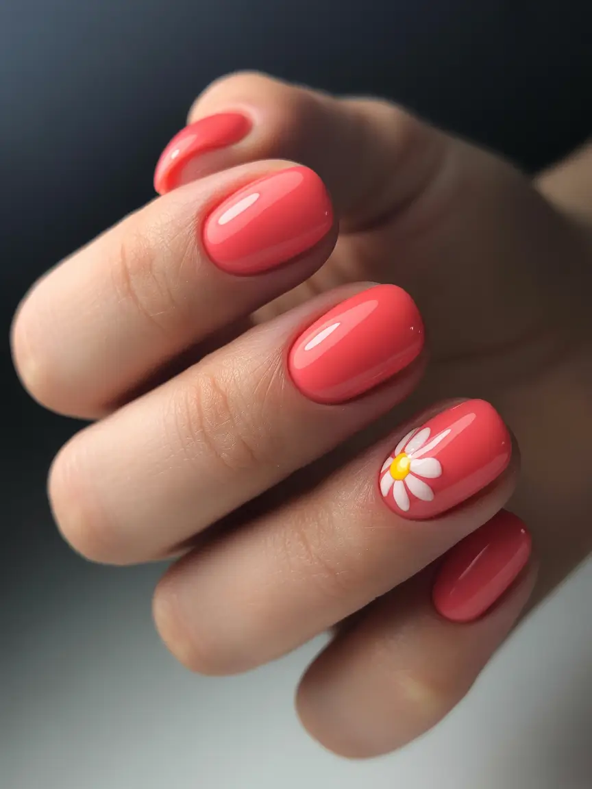 sophisticated bright spring nails 2026 coral daisy manicure