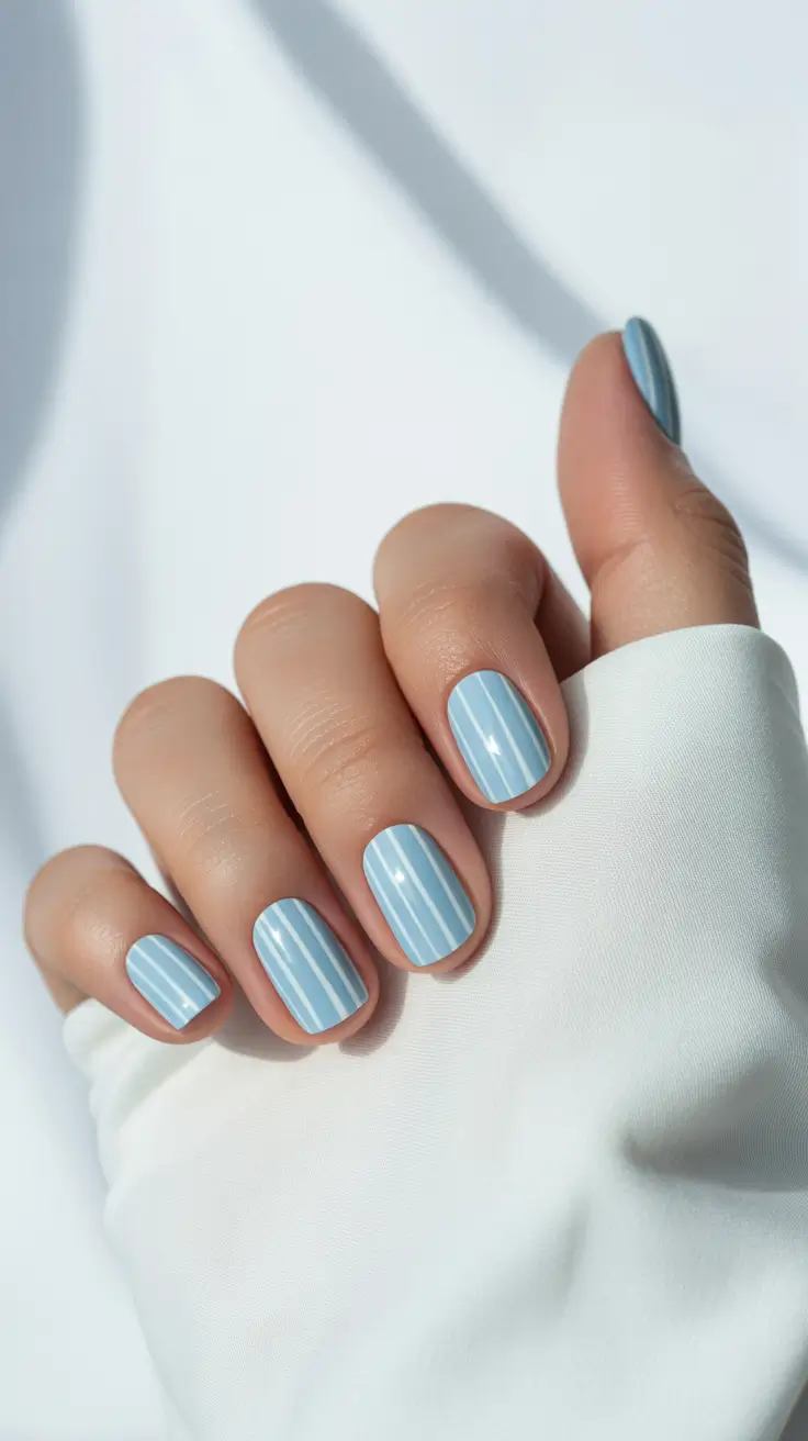 sophisticated bright spring nails 2026 baby blue striped manicure