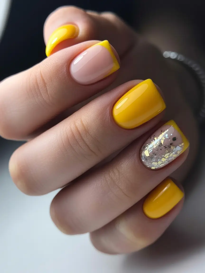 sophisticated bright spring nails 2026 yellow french tip gold accent manicure