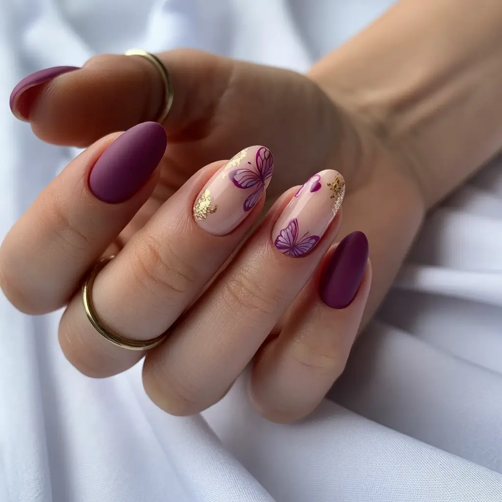 sophisticated bright spring nails 2026 matte berry butterfly almond nails