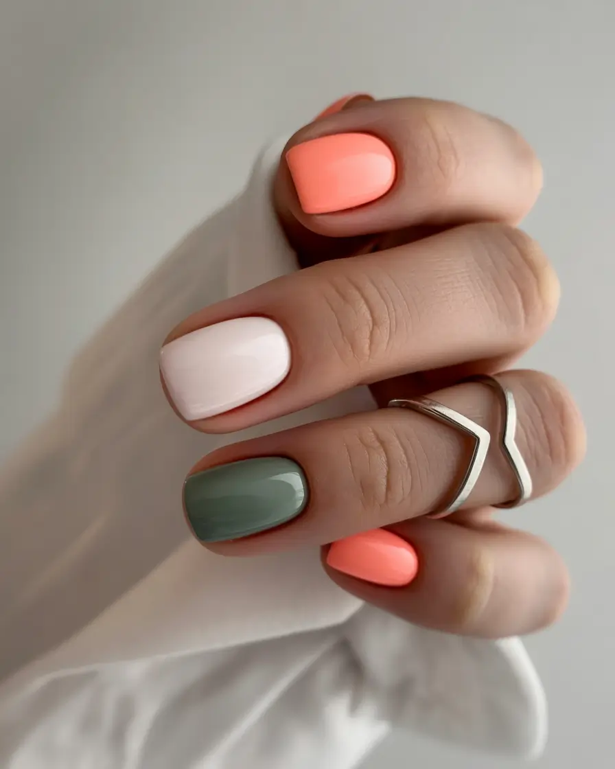 sophisticated bright spring nails 2026 coral white sage color block manicure