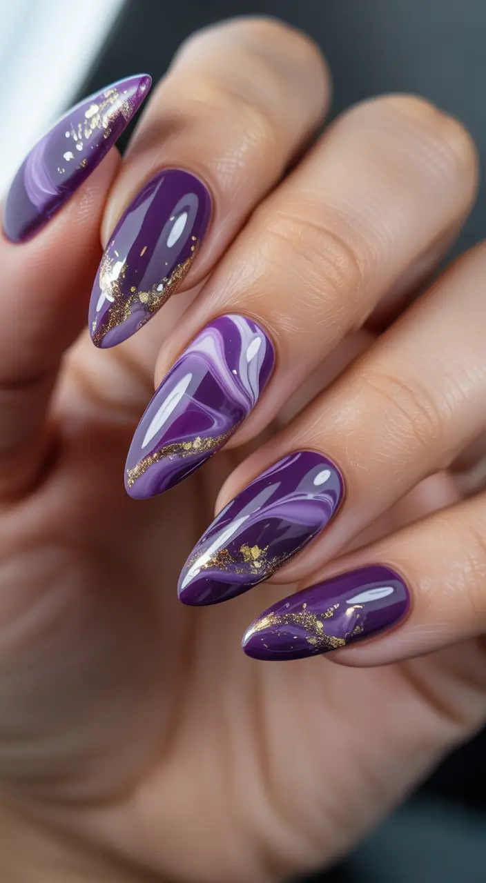 sophisticated bright spring nails 2026 purple marble gold almond nails