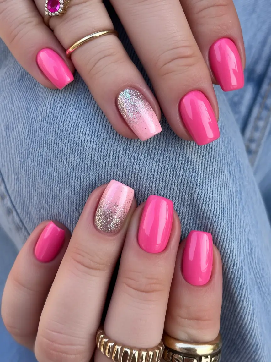 sophisticated bright spring nails 2026 glossy neon pink square with glitter fade