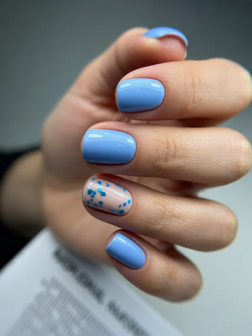 sophisticated bright spring nails 2026 sky blue short nails with confetti accent