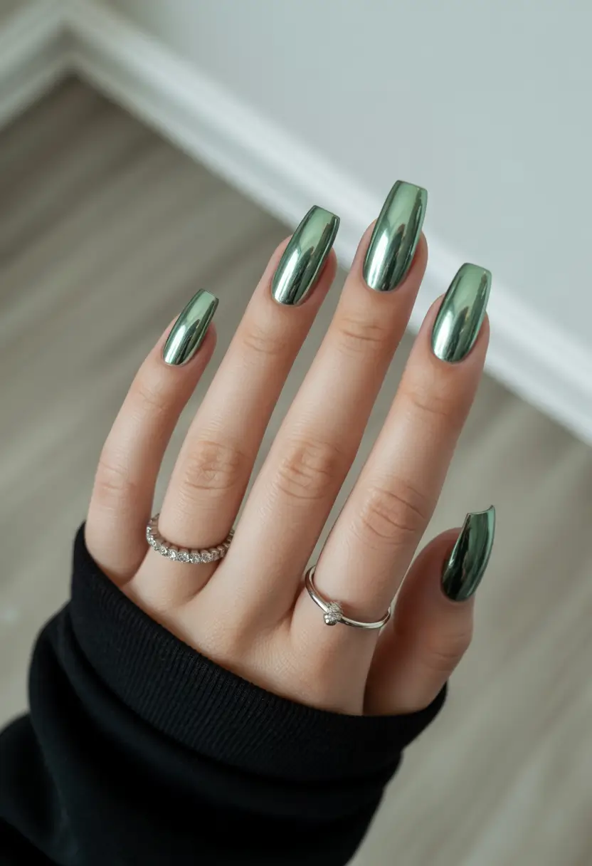 sophisticated bright spring nails 2026 emerald chrome coffin nails