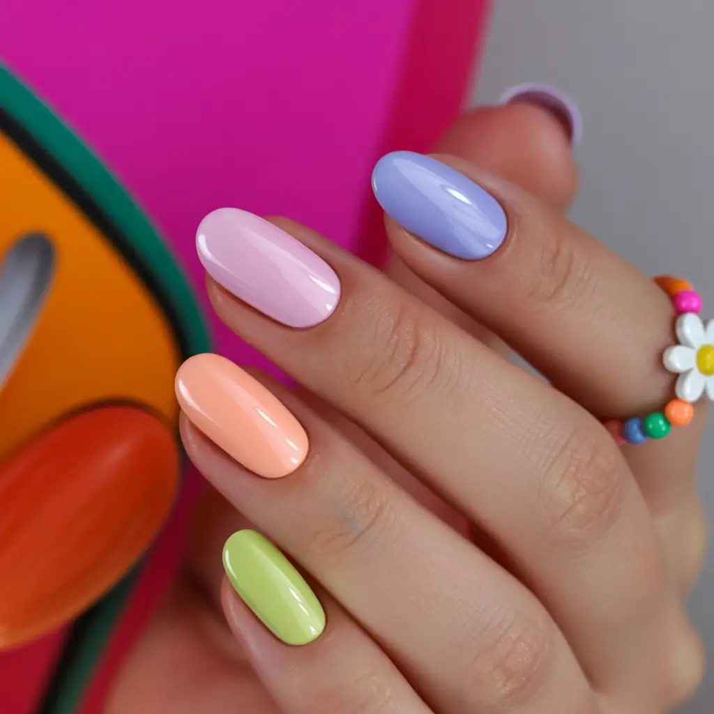 sophisticated bright spring nails 2026 pastel rainbow almond manicure