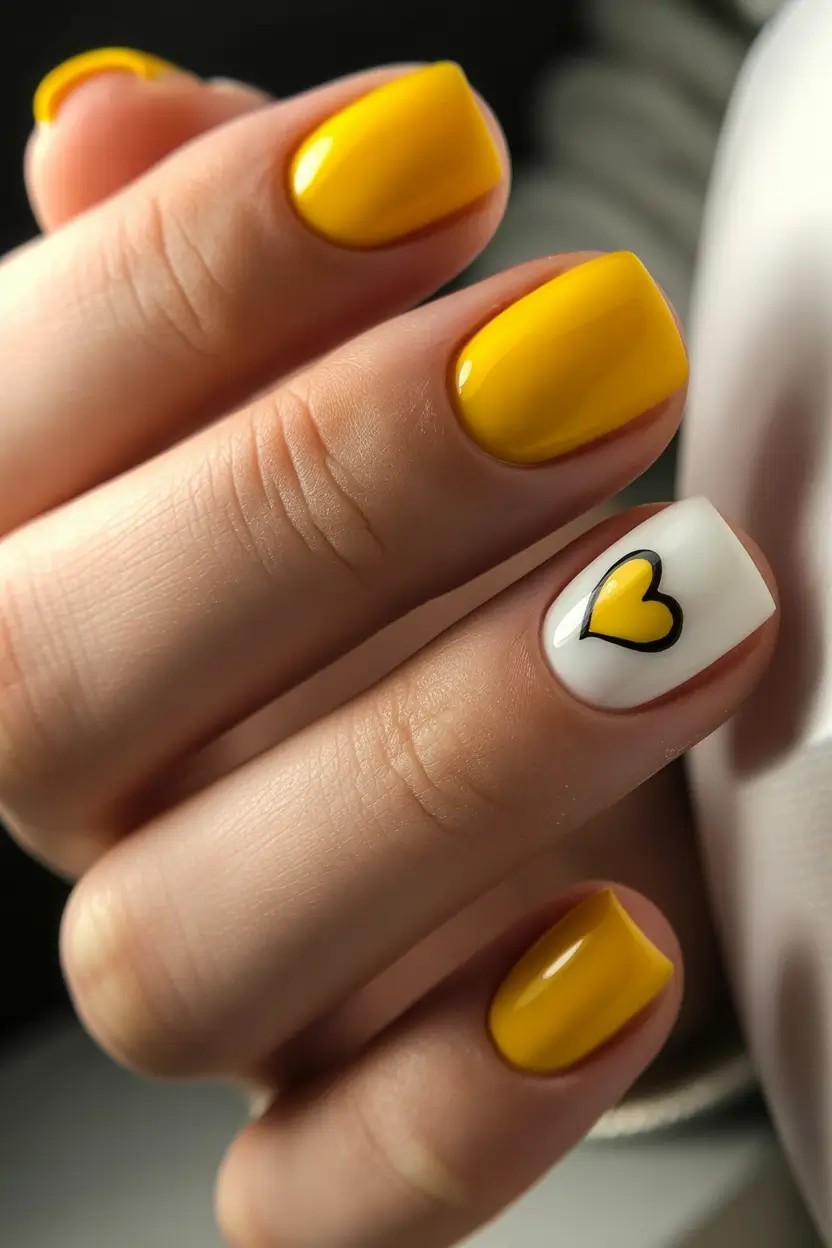 sophisticated bright spring nails 2026 yellow square nails heart accent