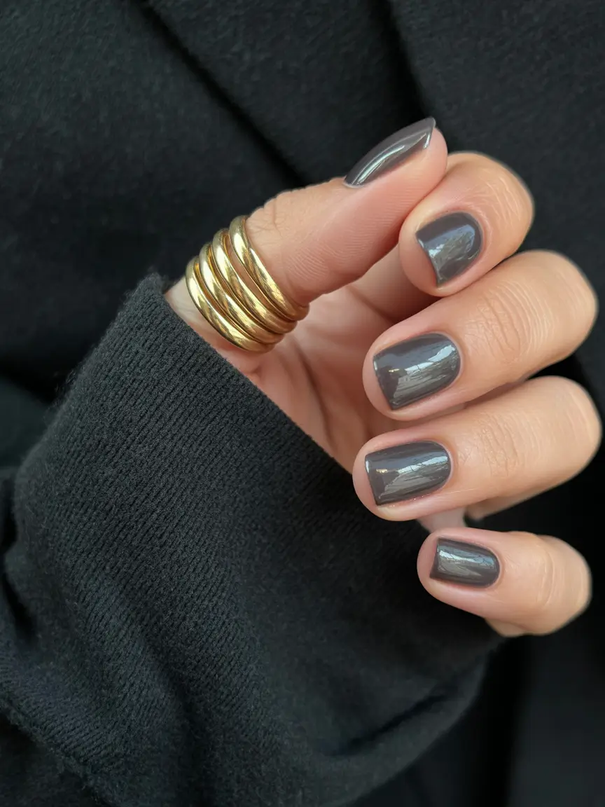 sophisticated bright spring nails 2026 deep glossy graphite short manicure