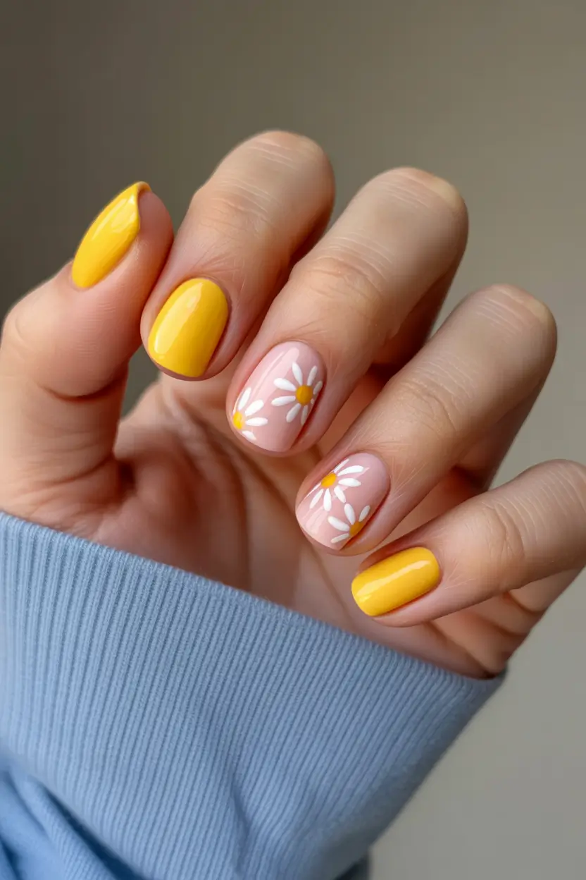 sophisticated bright spring nails 2026 sunny yellow daisy manicure