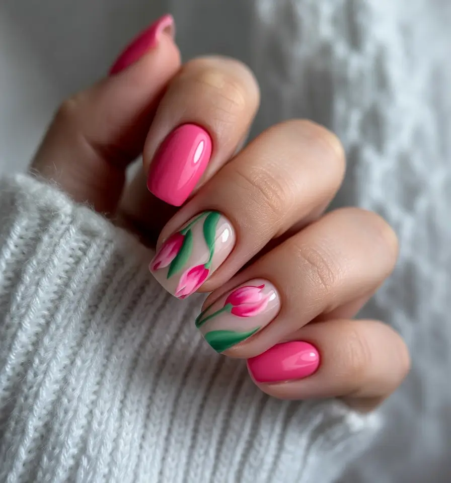 sophisticated bright spring nails 2026 hot pink tulip flower manicure