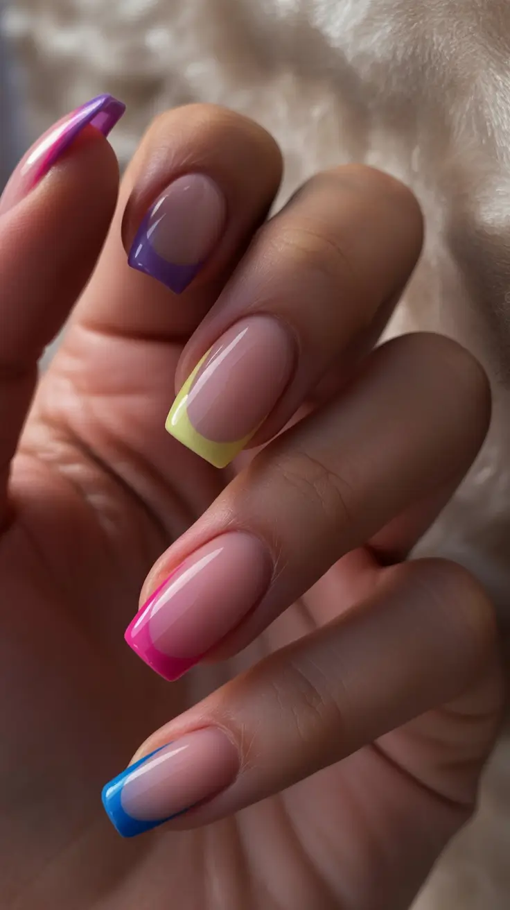 sophisticated spring french tip nails 2026 Playful Pastel Rainbow French on Square Nails