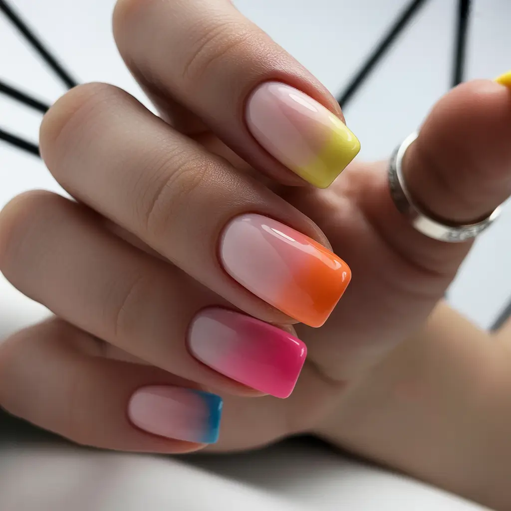 sophisticated spring french tip nails 2026 Sunset Ombre French in Yellow Orange Pink and Blue