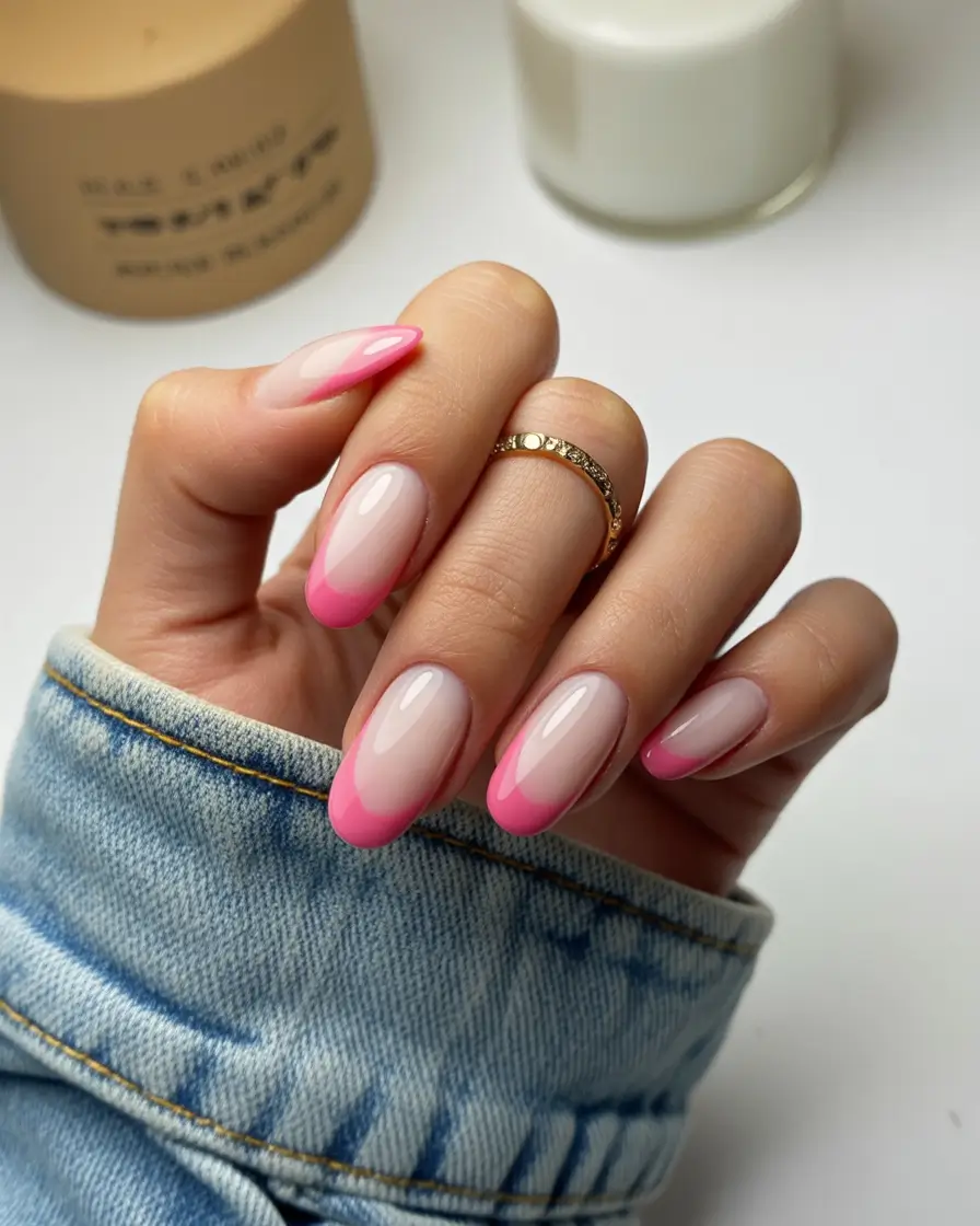 sophisticated spring french tip nails 2026 Glossy Pink Fade French on Almond Shape
