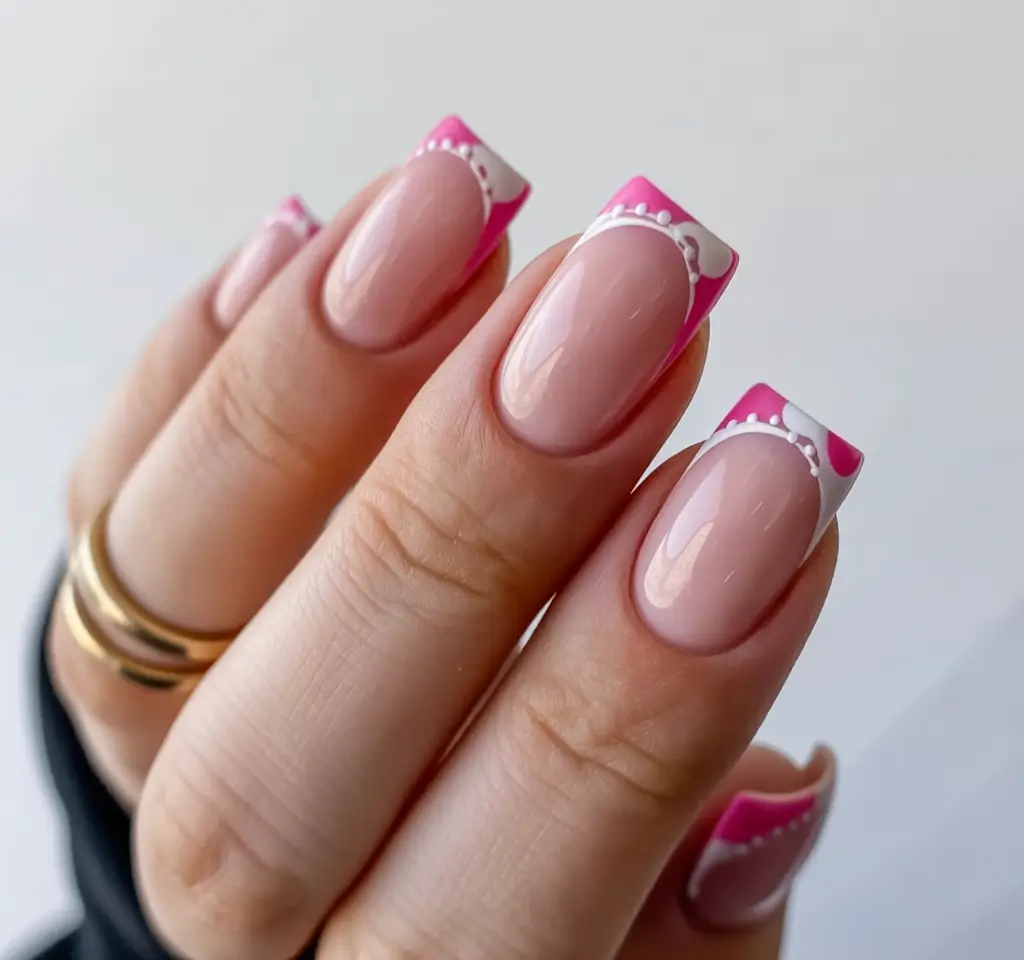 sophisticated spring french tip nails 2026 Graphic Pink and White Lace Detail French