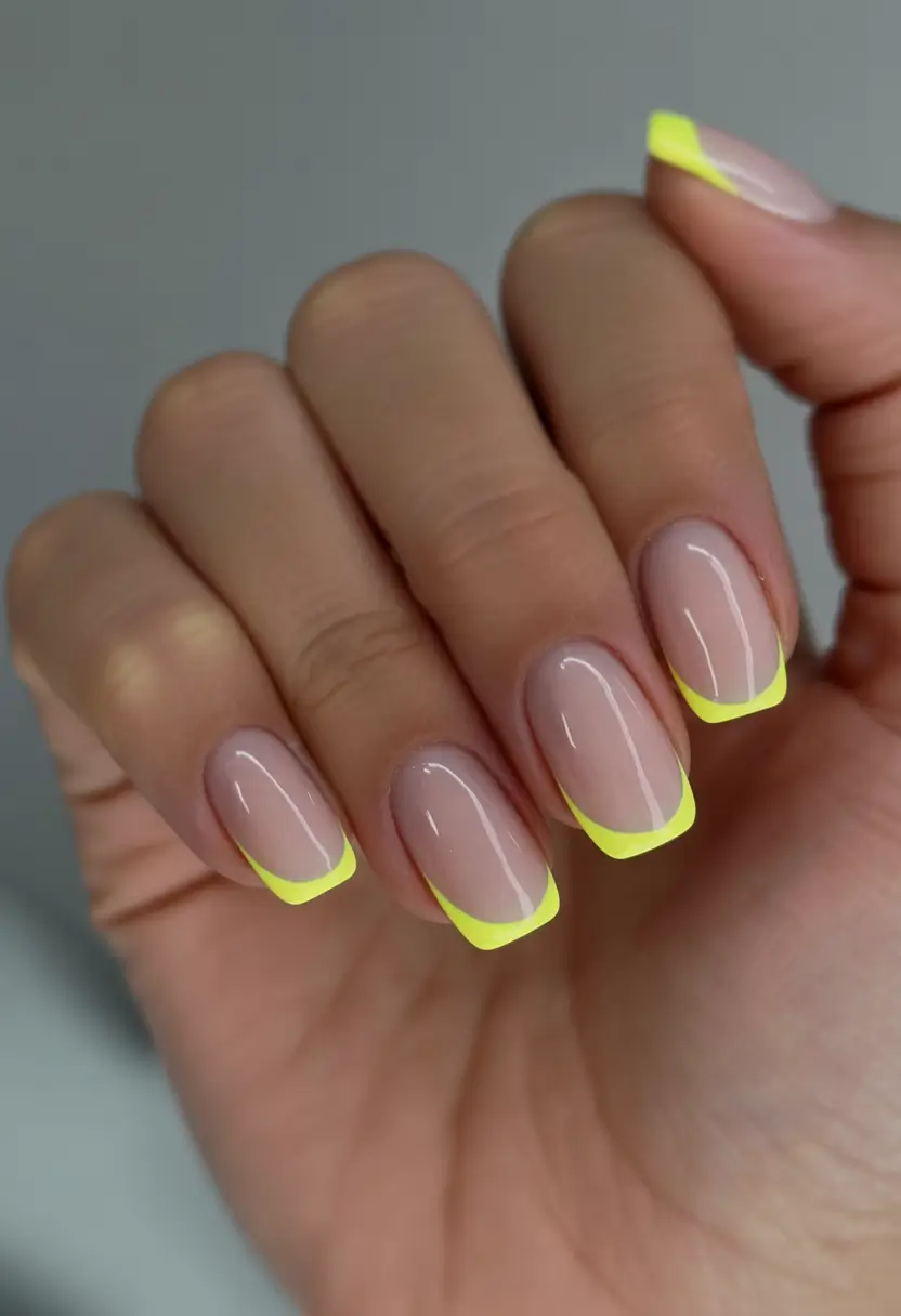 sophisticated spring french tip nails 2026 Neon Yellow French on Short Square