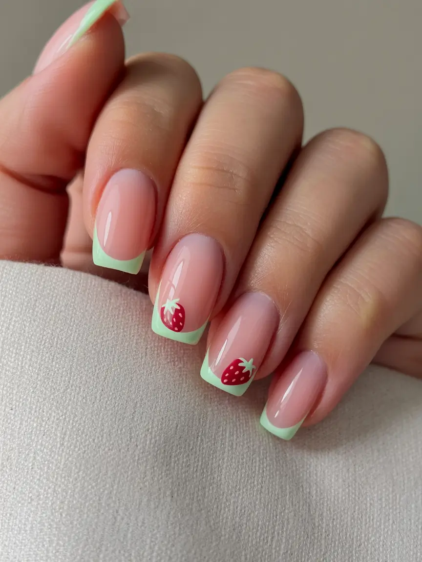 sophisticated spring french tip nails 2026 Mint Green French with Strawberry Detail