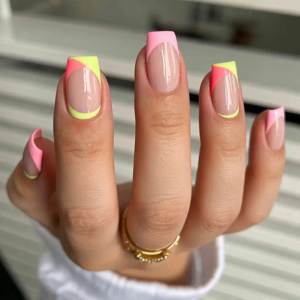 sophisticated spring french tip nails 2026 Neon Pink and Lime Angled French