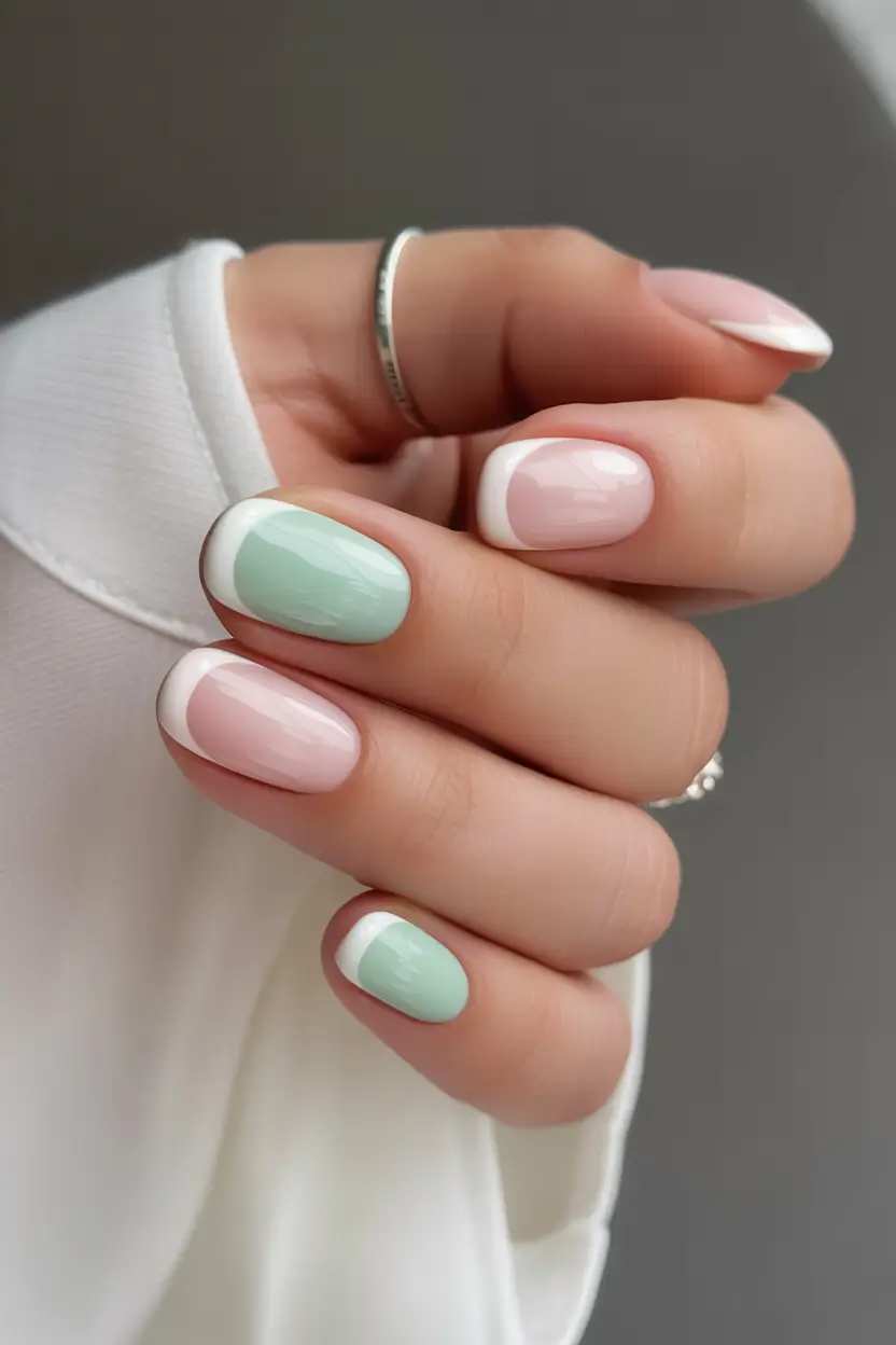 sophisticated spring french tip nails 2026 Mint Accent and Soft White French on Short Oval