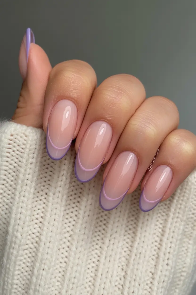 sophisticated spring french tip nails 2026 Lavender Double French on Almond Shape