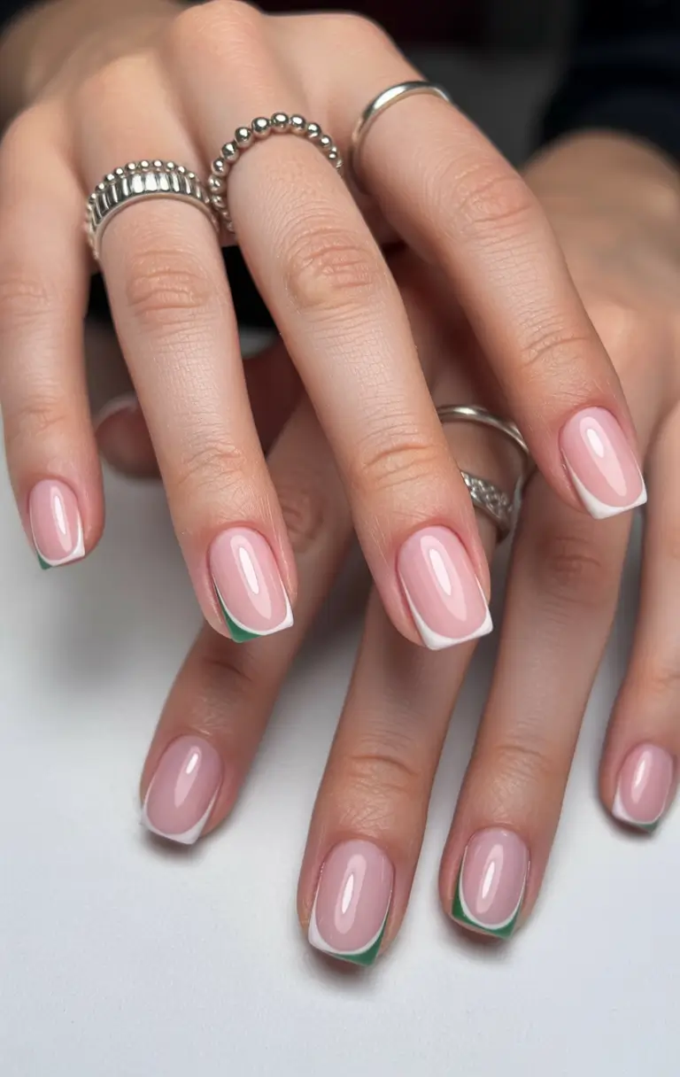 sophisticated spring french tip nails 2026 Minimal White and Green Micro French