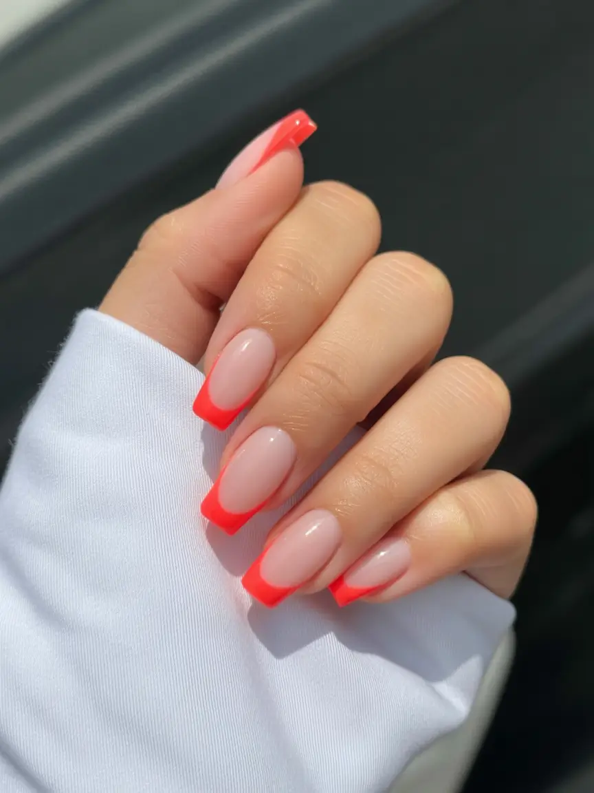sophisticated spring french tip nails 2026 Hot Coral Classic French Revival