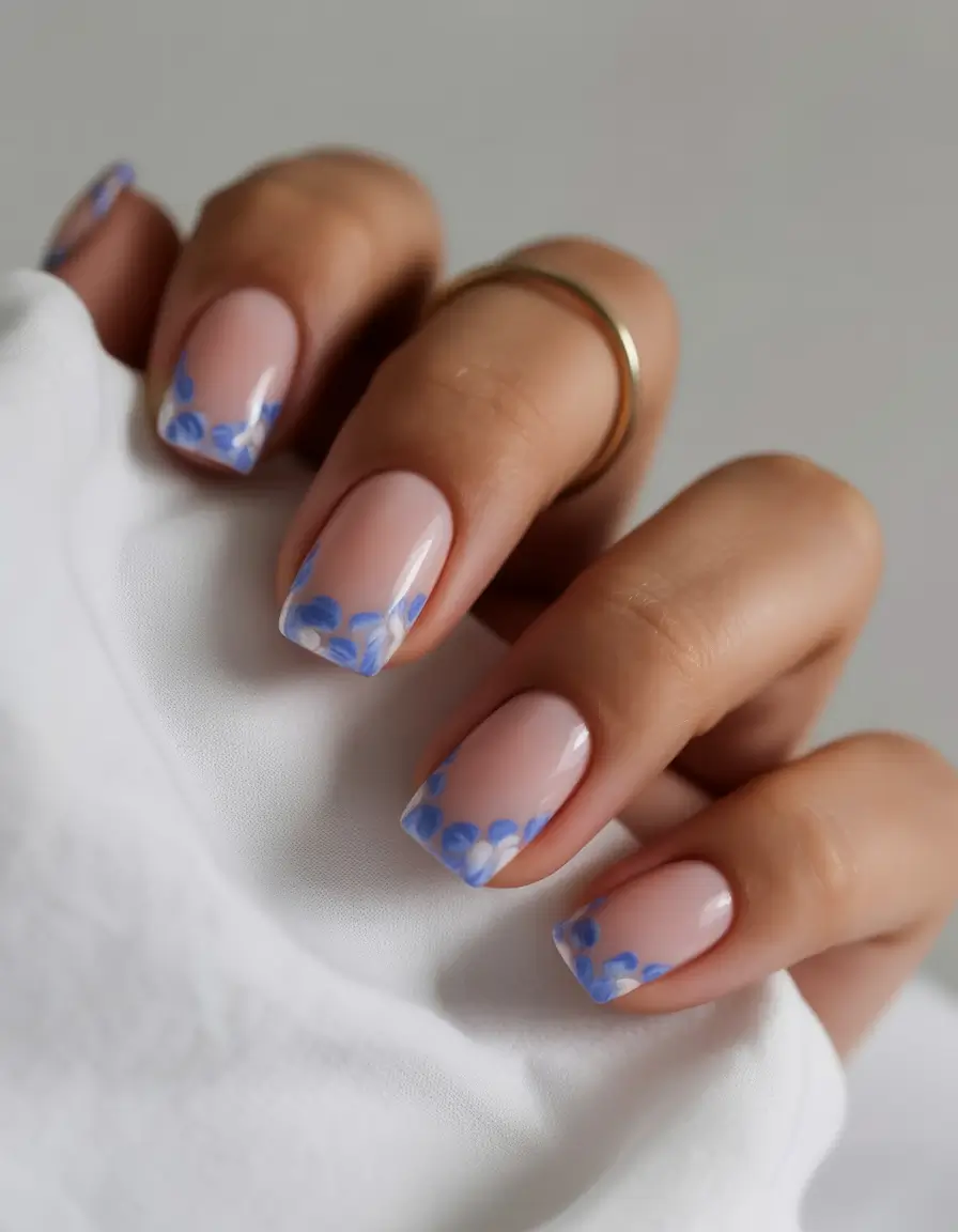 sophisticated spring french tip nails 2026 Delicate Blue Floral French on Short Square