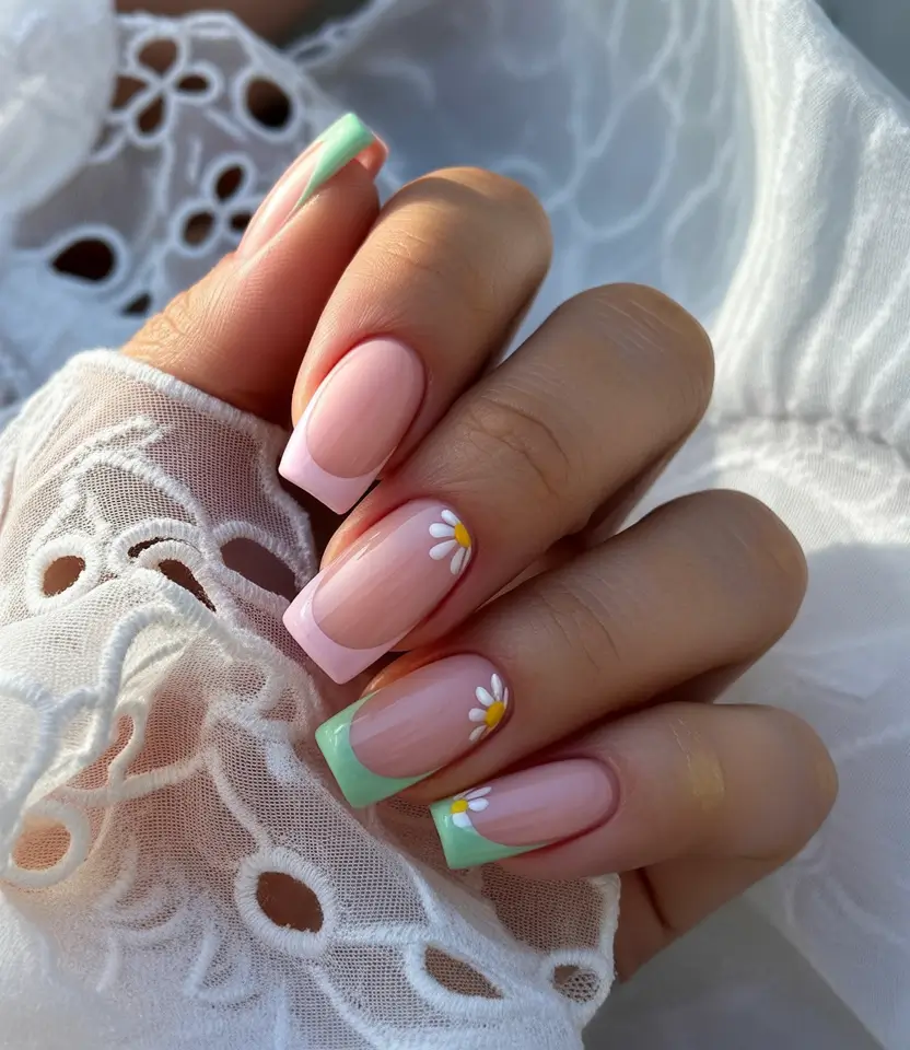sophisticated spring french tip nails 2026 Mint Green and Daisy French Revival