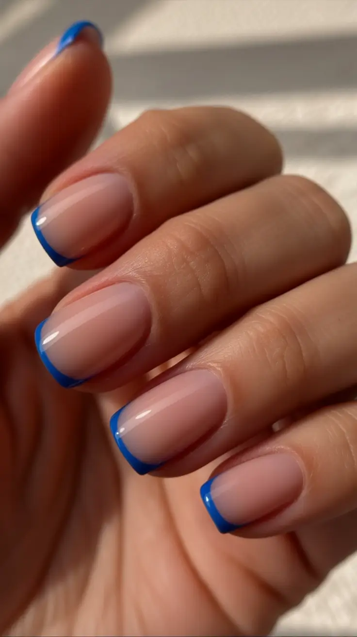 sophisticated spring french tip nails 2026 Electric Blue Micro French on Almond Short