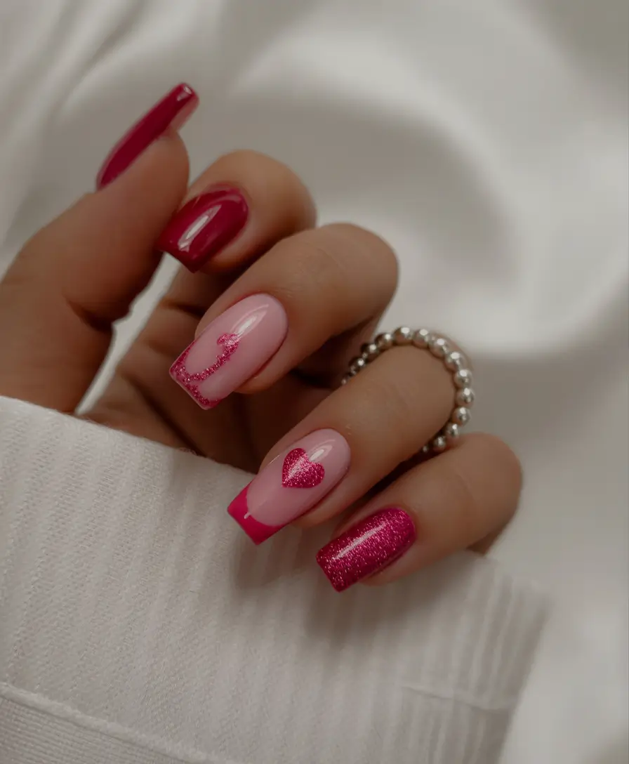 sophisticated spring french tip nails 2026 Romantic Pink Heart French with Glitter Accent