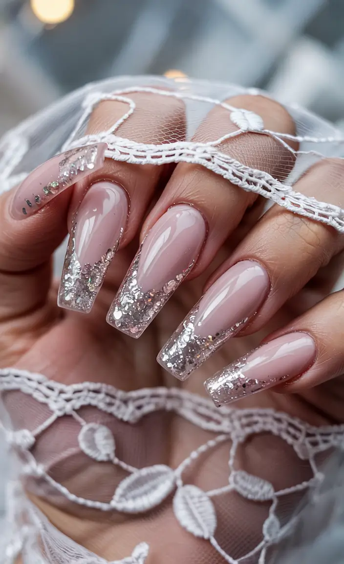 sophisticated trendy spring nails 2026 Crystal Clear Ballerina Tips With Shimmered Edges