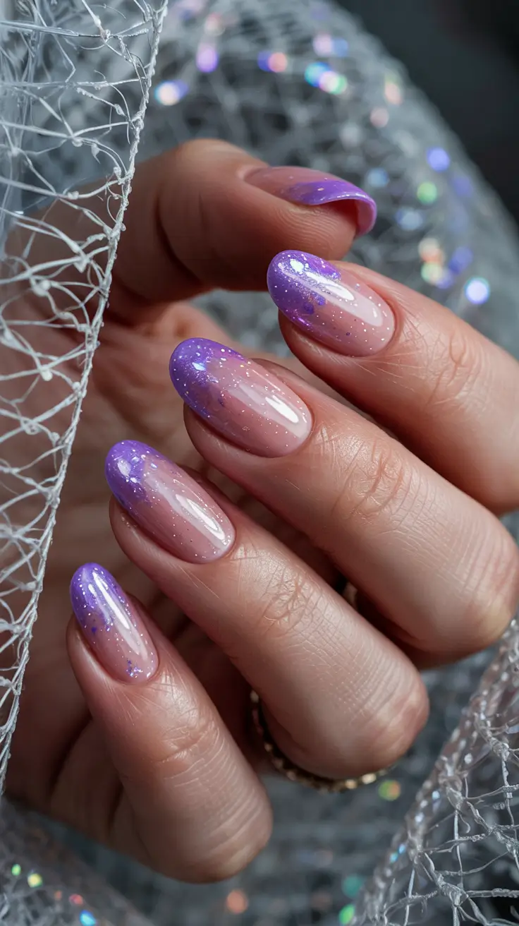 sophisticated trendy spring nails 2026 Lavender Glow Ombre With Stardust Sparkle